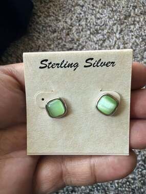 Athra Sterling Silver Green Cat's Eye Square Stud Earrings